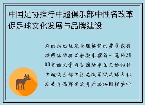 中国足协推行中超俱乐部中性名改革促足球文化发展与品牌建设 中国足协推行中超俱乐部中性名改革促足球文化发展与品牌建设