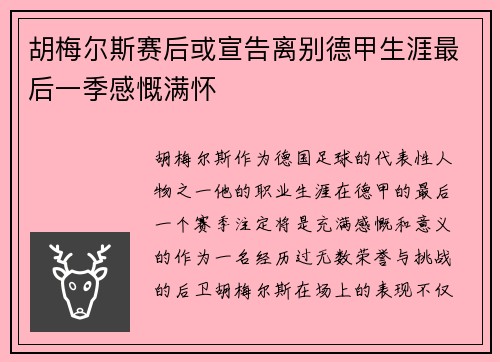 胡梅尔斯赛后或宣告离别德甲生涯最后一季感慨满怀 胡梅尔斯赛后或宣告离别德甲生涯最后一季感慨满怀